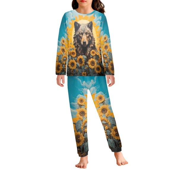 DISNIMO Wolf Sunflower Pajamas for Kids Boys 3-4 Pajamas for Kids 2 Piece Pajama Set Girls Long Sleeve Pajama Set for Boys Loungewear Set for Kids Pjs Boys Sleepwear With Pockets Kids