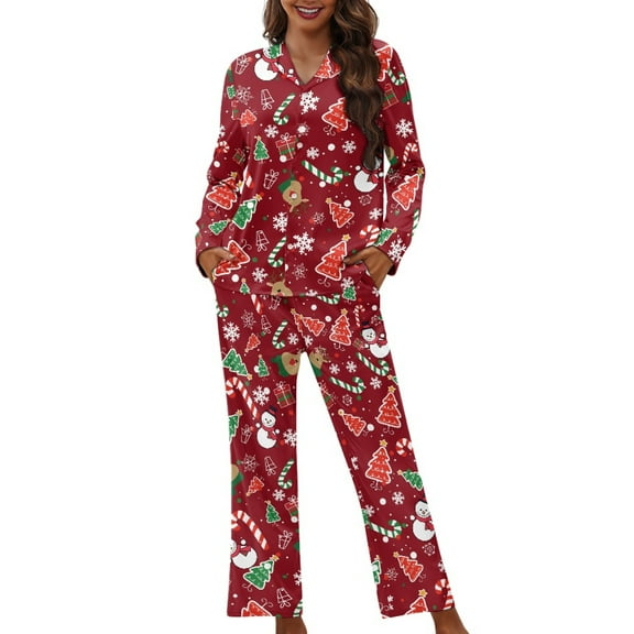 DISNIMO Women 2 Piece Pajama Sets Tree Snowman Printed Long Sleeve Sleepwear with Long Pants Christmas Snowflake Printed Casual Loose Nightwear with Pockets Button Down Loungewear, 3XL