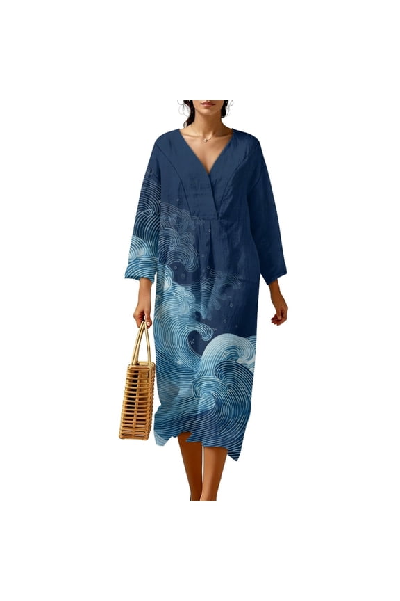 Women Casual Dress Waves Print Loose V Neck Maxi Dresses 3/4 Sleeve Long Dresses Fashion Linen Style Midi Dress for Women, 3XL