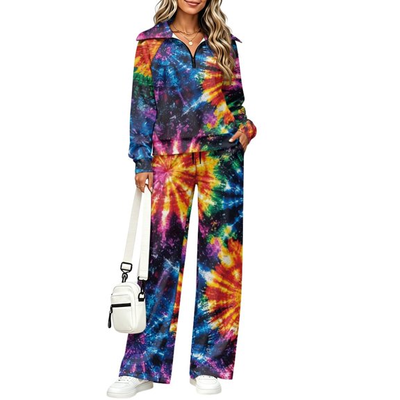 DISNIMO Women Lounge Suit Rainbow Spiral Tie-Dye Pattern Sweatsuits Half Zip 2 Piece Outfits for Women for Winter with Drawstring Soft, Size 3XL