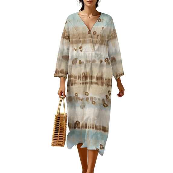 DISNIMO Women Maxi Dresses Tie Dye Print Casul V Neck Dress 3/4 Sleeve Loose Shift Dresses for Women Fashion Lightweight Dress, L