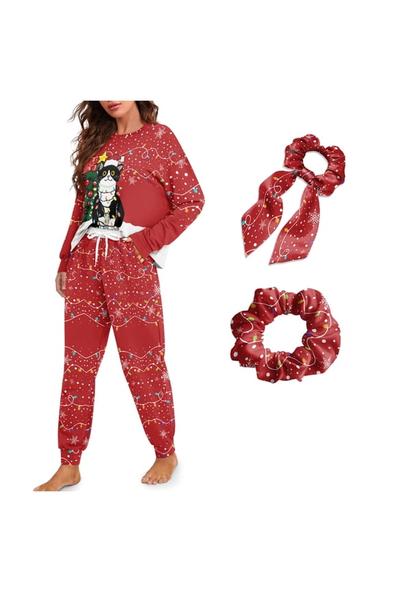Women Pajama Set Christmas Cat Tree Print 4 Piece Sleepwear with Hairband Long Sleeve Sleepwear with Long Pajama Pants Casual Lounge Set with Pockets, XL
