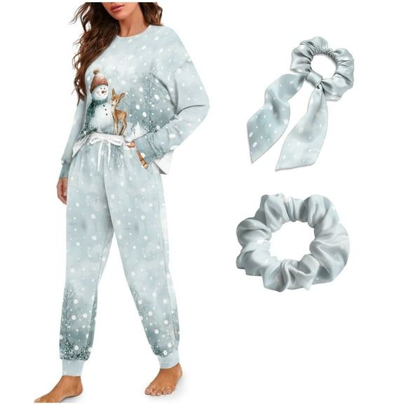 DISNIMO Women Pajama Set Christmas Snowman Snowflake Print 4 Piece Sleepwear with Hairband Long Sleeve Sleepwear with Long Pajama Pants Casual Lounge Set with Pockets, M