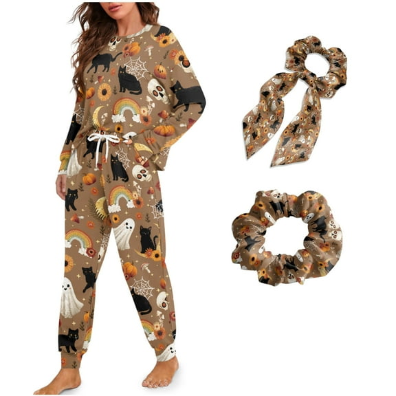 DISNIMO Women Pajama Set Skull Cat Ghost Printed Long Sleeve Sleepwear with Elastic Hairband 4 Piece Lounge Set with Pockets Casual Loose Nightwear with Long Pajama Pants, S