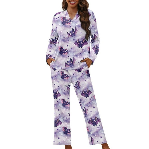 DISNIMO Women Pajama Sets Bat Print Two-Piece Nightwear Long Sleeve Sleepwear with Matching Long Pants Halloween Casual Loungewear with Pockets Button Down Pajama Outfits, XS