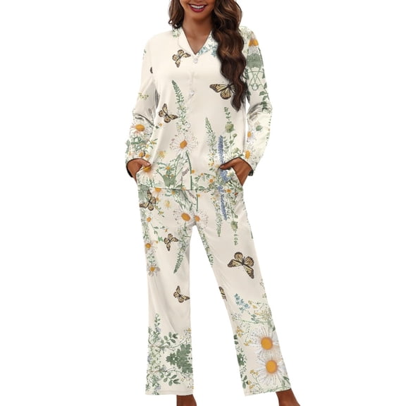 DISNIMO Women Pajama Sets Butterfly Flower Print 2 Piece Lounge Set with Pockets Casual Loose Sleepwear loungewear Long Sleeve Nightwear with Long Pants, S