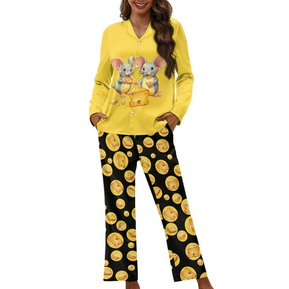 DISNIMO Women Pajama Sets Mouse Cheese Print Casual Loose Sleepwear 2 Piece Lounge Set with Pockets Long Sleeve Nightwear with Long Pants Soft V Neck Loungewear, XS