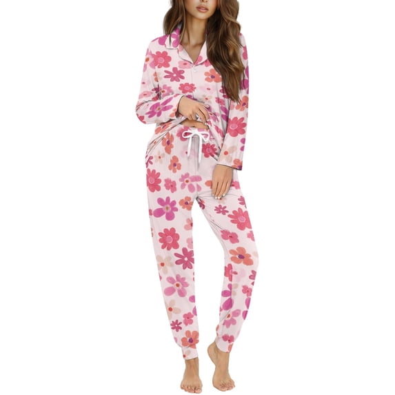 DISNIMO Women Pajama Sets Two-Piece Nightwear Flower Printed Long Sleeve Sleepwear Button Down Ladies Lounge Sets Fashion V Neck Loungewear with Long Pants