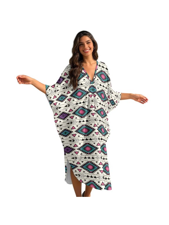 Women Summer Kaftan Dresses Aztec Tribal Printed Batwing Sleeve Caftans Beach Dress Long Bathing Suit Coverup Summer Swimsuit Loungewear V Neck Loose Fit Kaftan Maxi Dress