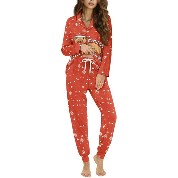 DISNIMO Women's 2 Piece Lounge Sets Capybara Snowflake Printed Long-Sleeve Pajama Sets with Pocket Button Down Sleepwear with Matching Long Pants Christmas Loungewear Nightwear