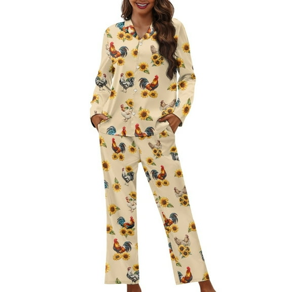 DISNIMO Women's 2 Piece Pajama Set Rooster Sunflower Printed Long Sleeve Sleepwear Soft Comfy Pj Ladies Lounge Sets Button Down Nightwear with Long Pants, XS