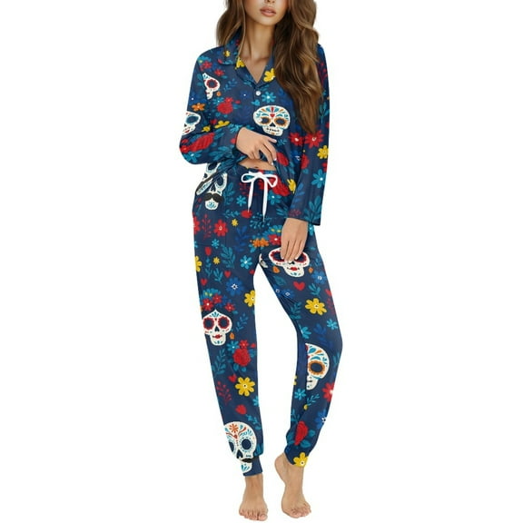 DISNIMO Women's 2 Piece Pajama Set Skull Flower Printed Casual Loose Sleepwear Long Sleeve Button Down Sleepwear with Long Pants Soft Comfy Loungewear Nightwear
