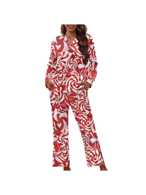 Women's 2 Piece Pajama Sets Candy Printed Long Sleeve Sleepwear with Long Pajama Pants Button Down Loungewear Fashion Oversized Nightwear Christmas Pajama Outfits, 2XL