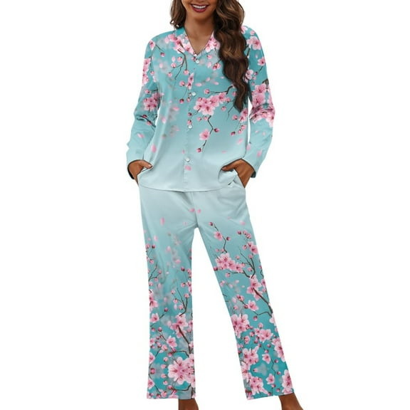 DISNIMO Women's 2 Piece Pajama Sets Cherry Blossom Printed Casual Loose Sleepwear Long Sleeve Button Down Nightwear with Matching Pajama Pants Loose Fits Loungewear Nightwear, XS