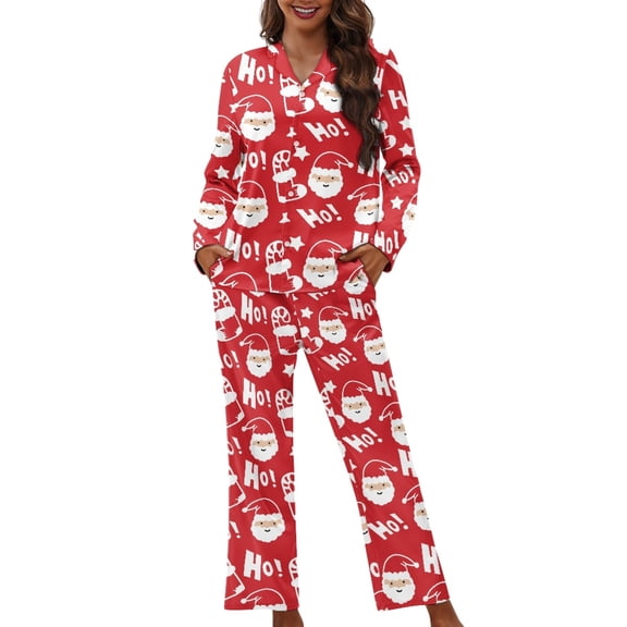 DISNIMO Women's 2 Piece Pajama Sets Santa Claus Ho Printed Long Sleeve Sleepwear with Long Pajama Pants Button Down Loungewear Fashion Oversized Nightwear Christmas Pajama Outfits, S