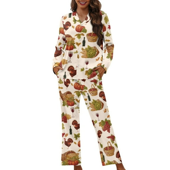 DISNIMO Women's 2 Piece Pajama Sets Turkey Printed 2 Piece Outfits Lounge Pjs Thanksgiving Day Casual Loose Nightwear with Pockets Long Sleeve Top Wide Leg Pants, XS