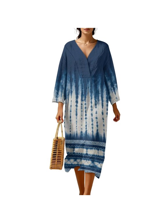 Women's Casual Maxi Dress Tie Dye Aztec Printed Loose V Neck Dresses Casual 3/4 Sleeve Dresses Fashion Lightweight Dress for Women, 4XL