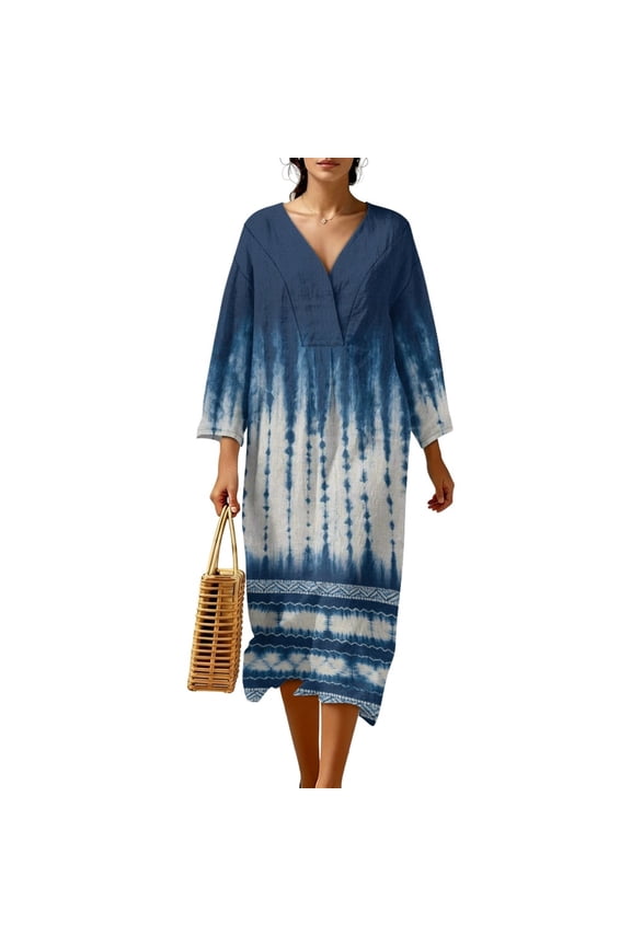 Women's Casual Maxi Dress Tie Dye Aztec Printed Loose V Neck Dresses Casual 3/4 Sleeve Dresses Fashion Lightweight Dress for Women, L