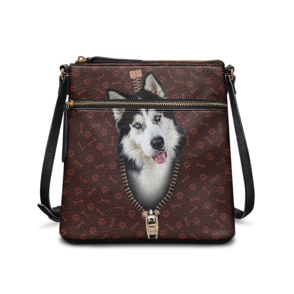 DISNIMO Women's Crossbody Handbags Husky Print Messenger-Bag with Zipper PU Leather Bucket Bags for Woman