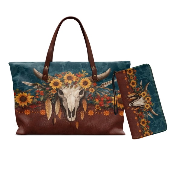 DISNIMO Women's Handbags Set Cow Skull Sunflower Print Tote Bag Purse with Matching Wallet Portable Stylish Satchel Purse Handbag, Gift for Mom