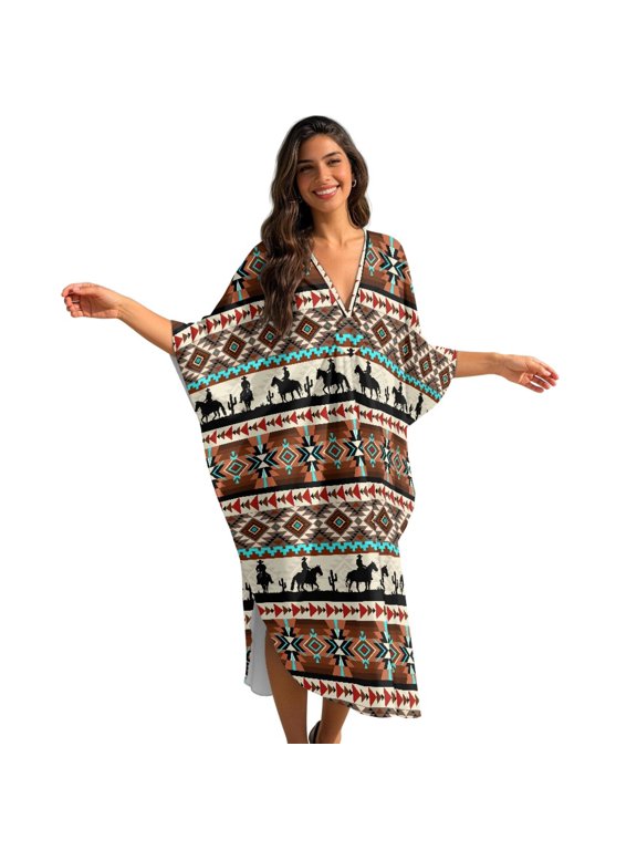 Women's Kaftan Dress Summer Beach Cover Up Horse Aztec Print Plus Size Batwing Sleeve Kaftan Maxi Dresses V Neck Loose Fit Bathing Suit Coverups for Summer Beach Vacation