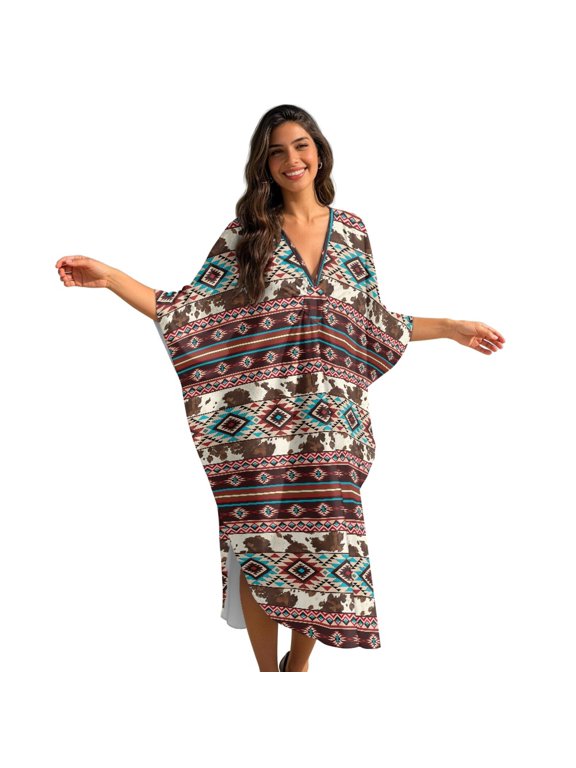 Women's Kaftan Maxi Dress Cow Aztec Print Batwing Sleeve V Neck Beach Swimsuit Cover Ups Loose Fit Bathing Suit Coverup Lightweight Caftan Dresses Soft Loungewear