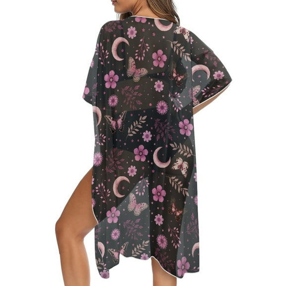 DISNIMO Women's Kimono Swimsuit Coverups Flower Moon Butterfly Print Summer Beach Cover Ups Casual Loose Bathing Suit Cover up Open Front Cardigan Swimwear Cover ups