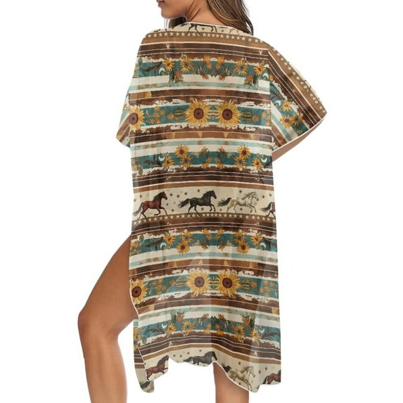 DISNIMO Women's Kimono Swimsuit Coverups Horse Sunflower Print Casual Cardigan Bathing Suit Cover up Fashion Summer Beach Cover Ups Long Swimwear Cover ups