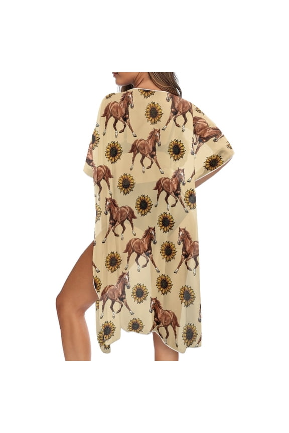 Women's Kimono Swimsuit Coverups with Horse Sunflower Print Casual Loose Beach Cover Ups Summer Cardigan Vacation Swimwear Cover up