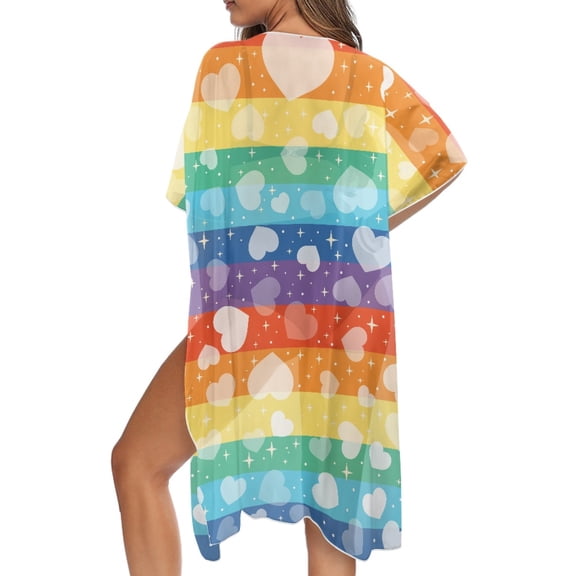DISNIMO Women's LGBT Heart Print Swimsuit Cover Up Kimono Cardigan Loose Beach Coverups Casual Long Fashion Bikini Cover up Comfort Half Sleeve Swimwear Cover Up for Vacation
