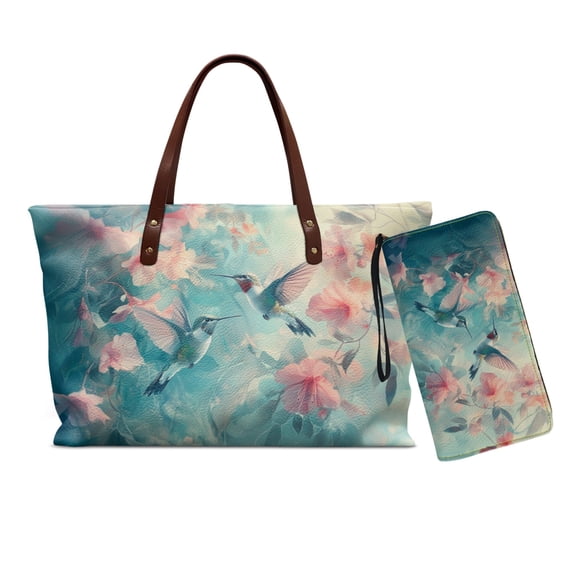DISNIMO Women's Large Handbag and Wallet Set Hummingbird Flower Print Tote Satchel Handbag with Zipper Closure PU Leather Top Handle Satchel Shoulder Bag