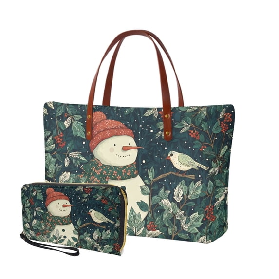 DISNIMO Women's Large Handbag and Wallet Set Snowman Bird Print Shoulder Bag for Women Christmas Stylish Tote Bag with Matching Wallet, Green