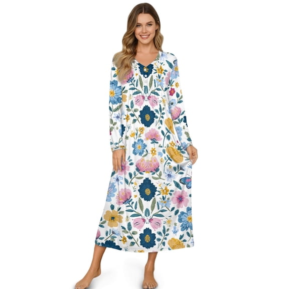 DISNIMO Women's Long Sleeve Nightgown Floral Print Full Length Sleepwear Long Pajama Dress V Neck Night Gowns Comfy Breathable Sleep Shirts, S