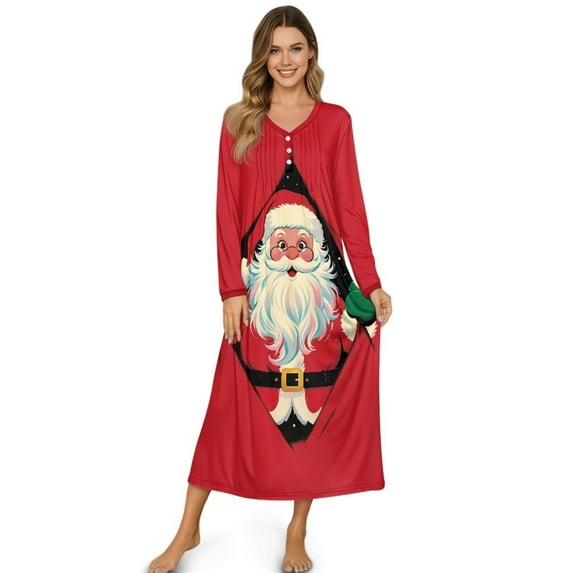 DISNIMO Women's Long Sleeve Nightgown Santa Claus Print Full Length Sleepwear Long Sleepshirts V Neck Button Nightgowns, 2XL