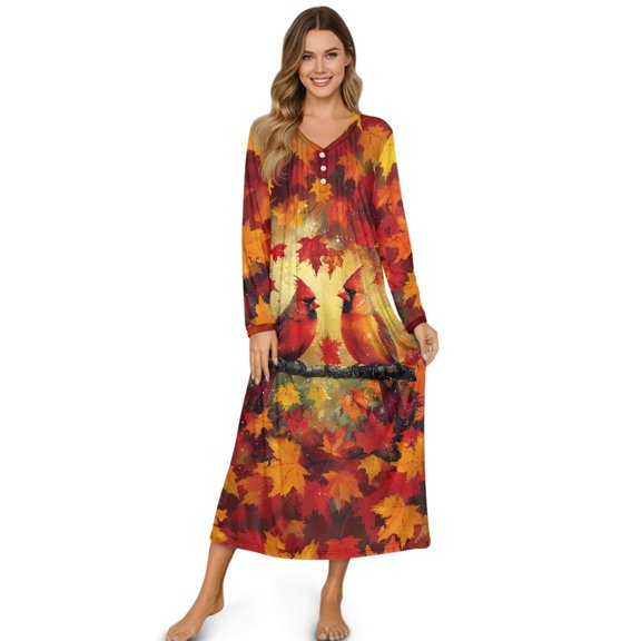 DISNIMO Women's Long Sleeve Nightgowns Cardinal Leaf Print Full Length Nightshirts Button V Neck Sleepshirts Comfy Long Night Gowns Pajama Dress, L
