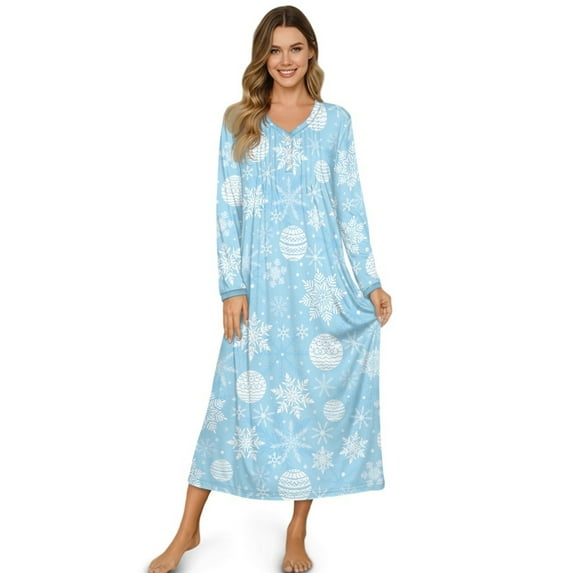 DISNIMO Women's Long Sleeve Nightgowns Christmas Snowflake Printed Full Length Sleepwear Long Soft Ladies Sleep Shirts Button Front Night Gowns, 4XL