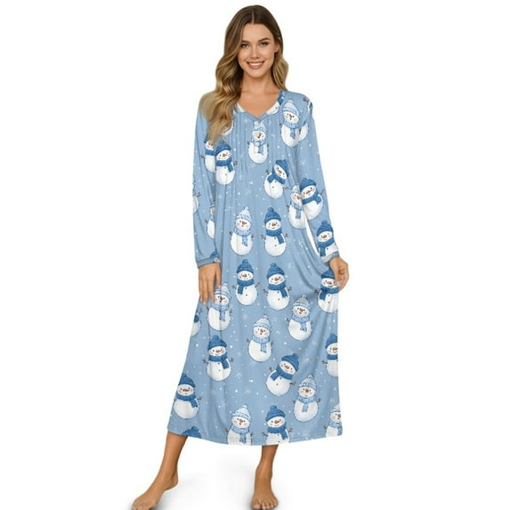 DISNIMO Women's Nightgowns Snowman Printed Long Sleeve Sleepwear Full Length Nightshirts Soft Sleepshirts Button V Neck Sleep Dress, 3XL