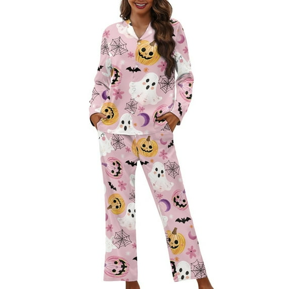 DISNIMO Women's Pajama Set 2 Piece Pj Sets Ghost Pumpkin Printed Long Sleeve Top and Wide Leg Pants Spider Web Printed Comfy V Neck Sleepwear Button Down Loungewear Halloween Nightwear, 3XL