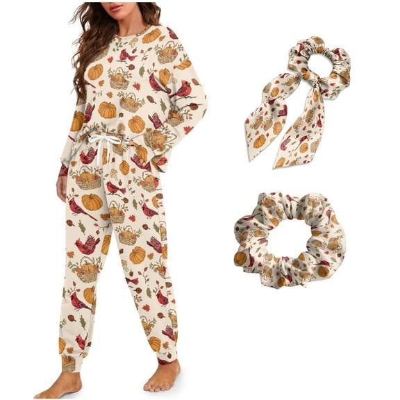 DISNIMO Women's Pajama Set Cardinal Pumpkin Print Long Sleeve Sleepwear with Hairband Casual Loose Loungewear with Pockets Crew Neck Nightwear with Long Pajama Pants, S