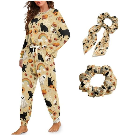DISNIMO Women's Pajama Set Cat Pumpkin Ghost Print Long Sleeve Sleepwear with Hairband Casual Loose Nightwear with Long Pants Fashion Fall Lounge Set with Pockets, S
