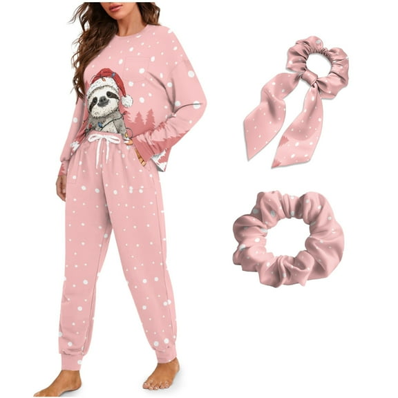 DISNIMO Women's Pajama Set Christmas Sloth Printed Long Sleeve Sleepwear with Hair Band 4 Piece Pj Set Loose Fit Nightwear with Long Pajama Pants Fashion Casual Lounge Set with Pockets, S