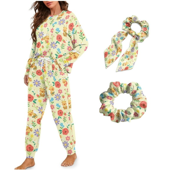 DISNIMO Women's Pajama Set Flower Printed Round Neck Loungewear with Hairband Long Sleeve Sleepwear with Long Pants Soft Fashion Lounge Set Casual Nightwear, M