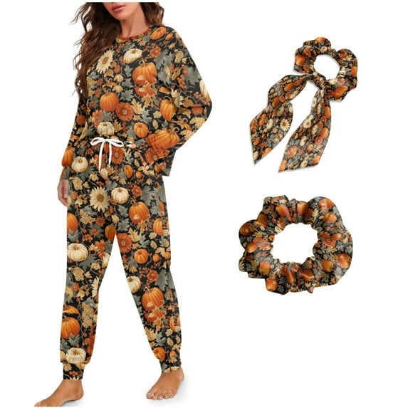 DISNIMO Women's Pajama Set Pumpkin Maple Leaf Print Long Sleeve Sleepwear with Hairband Casual Loose Loungewear with Pockets Crew Neck Nightwear with Long Pajama Pants, XL