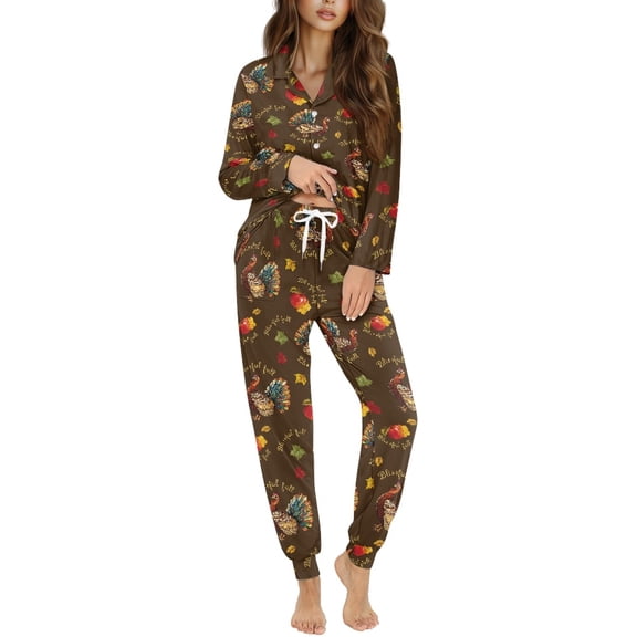 DISNIMO Women's Pajama Set Rooster Turkey Print Long Sleeve Top with Long Pajama Pant Set Soft 2 Piece Pjs Set Button Down Loungewear, (Available in Plus Size)