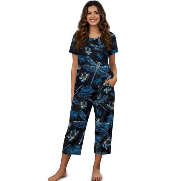 DISNIMO Women's Sleepwear Soft Pajama Short Sleeve Tops and Capri Pant Pjs Set Summer Sleepwear with Pockets, S