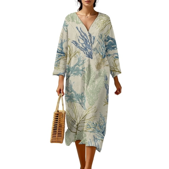 DISNIMO Women's Spring Dress Leaf Print 3/4 Sleeve Maxi Dresses Loose V Neck Midi Long Dress Casual Fashion Linen-Like Shift Dresses, 3XL
