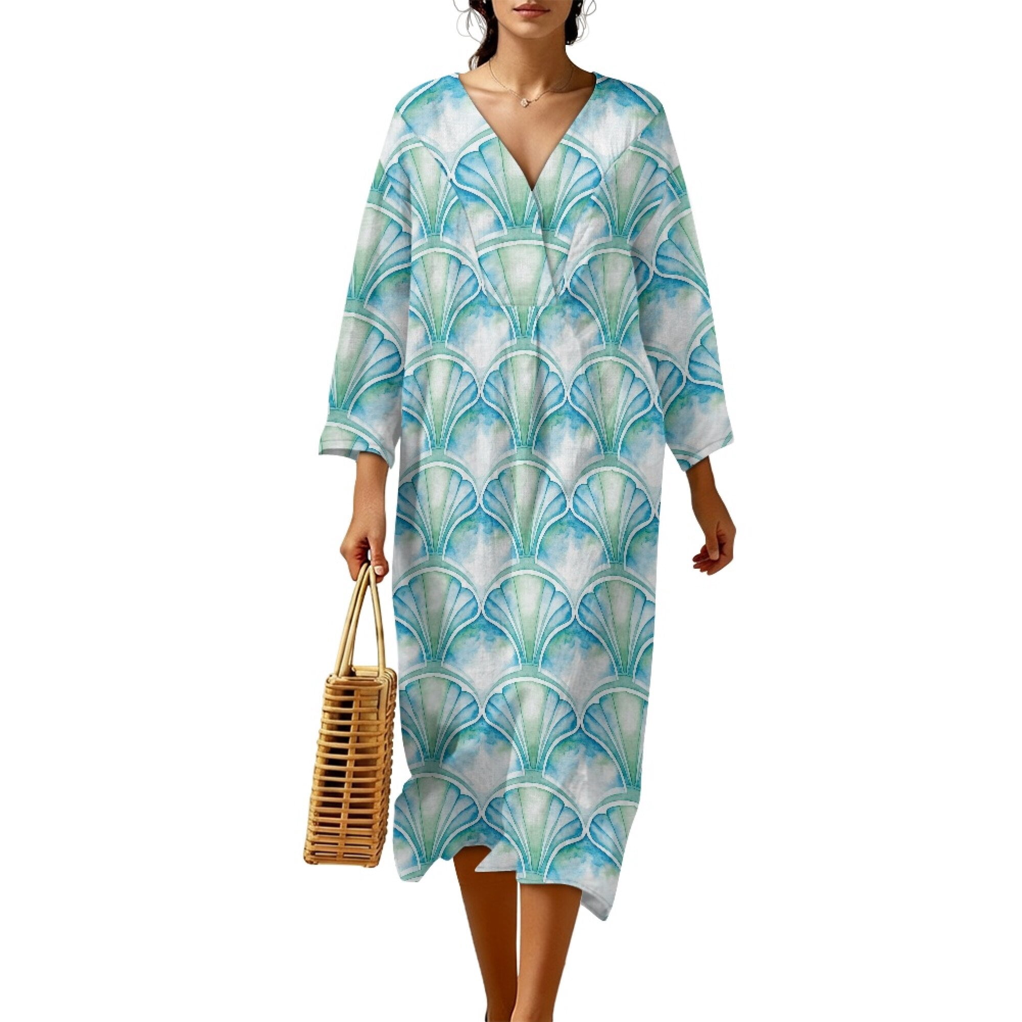 DISNIMO Women's Spring Dresses Shell Printed Linen-Like 3/4 Sleeve Maxi ...