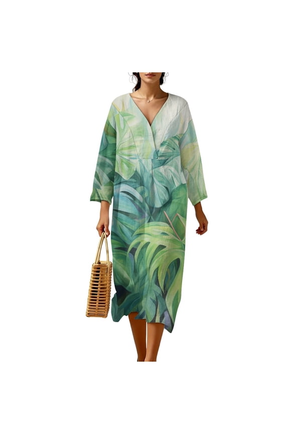 Women's Summer Maxi Dresses Monstera Print Long Shift Dress Casual Loose Dress 3/4 Sleeve V Neck Midi Dresses for Women, 3XL