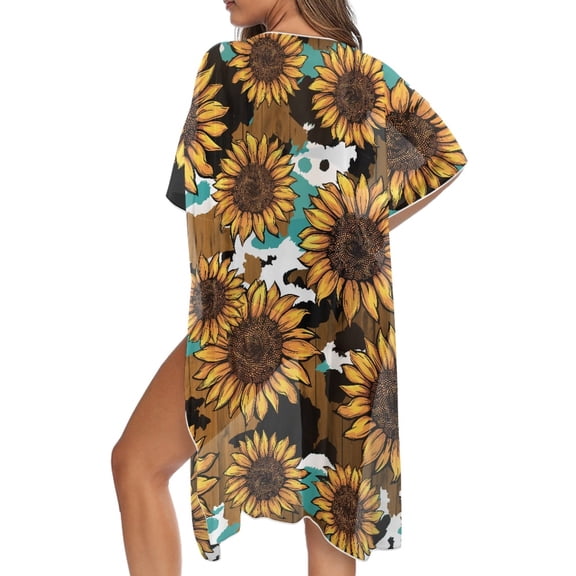DISNIMO Women's Sunflower Cow Print Swimsuit Cover Up Kimono Cardigan Loose Beach Coverups Casual Long Fashion Bikini Cover up Comfort Half Sleeve Swimwear Cover Up for Vacation