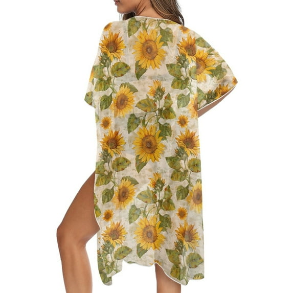DISNIMO Women's Sunflower Printed Cover up Swimsuit Kimono Summer Beach Cover ups Casual Loose Swimwear Coverups Open Front Long Cardigan Beach Cover Up for Women